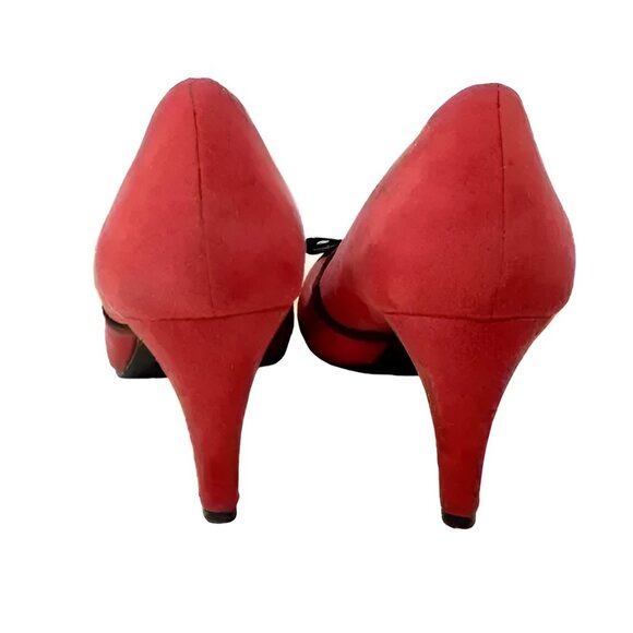 Vintage 90s Claiborne Christmas Red Black Bow Dress Court Pump Cone Heels 10 - Picture 6 of 7